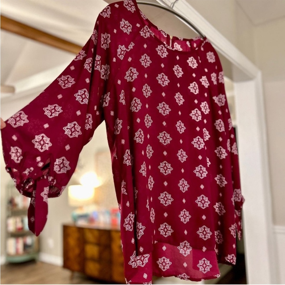 Papermoon Larie Blouse, Maroon Wine Berry Burgundy 3/4 Tie-Sleeve Top, Large - Picture 2 of 8